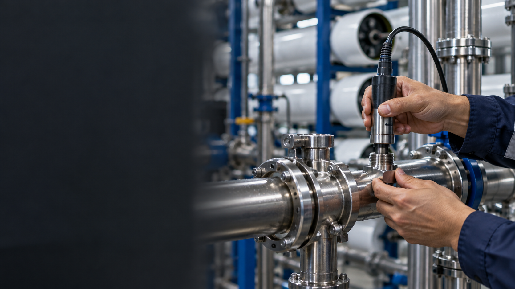 Technician installing a sensor in RO piping