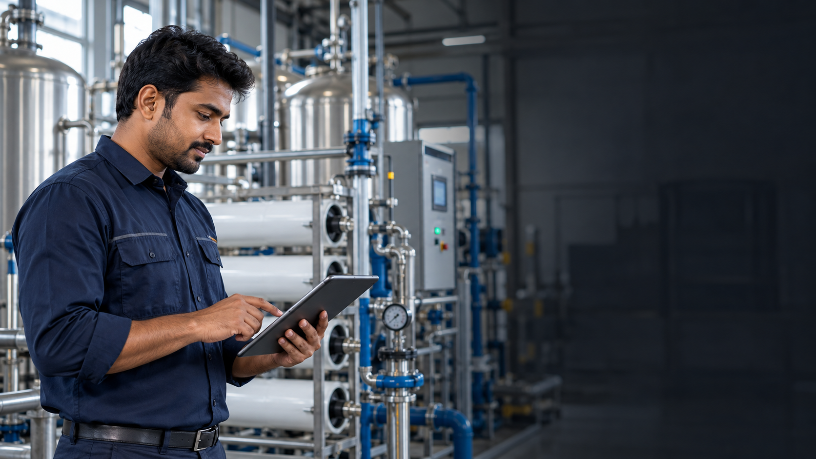 Engineer reviewing plant information on a tablet